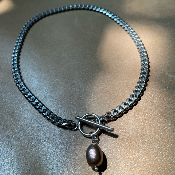 ashaloo Jewelry - Blue freshwater pearl silver curb chain toggle clasp necklace choker stainless